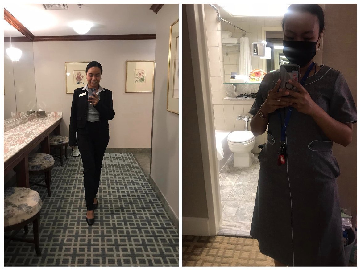 girl in housekeeping uniform doing a beautiful surrender