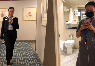 Side-by-side photos showing my transition from housekeeping manager in a black business suit to room attendant in a grey uniform at Fairmont Royal York in Toronto.