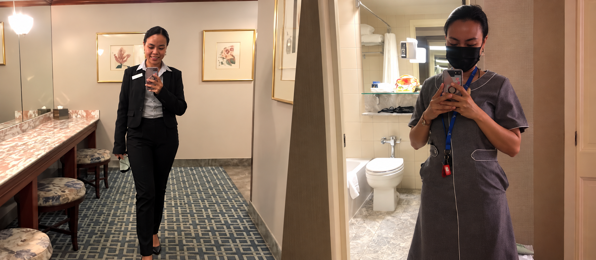 Side-by-side photos showing my transition from housekeeping manager in a black business suit to room attendant in a grey uniform at Fairmont Royal York in Toronto.