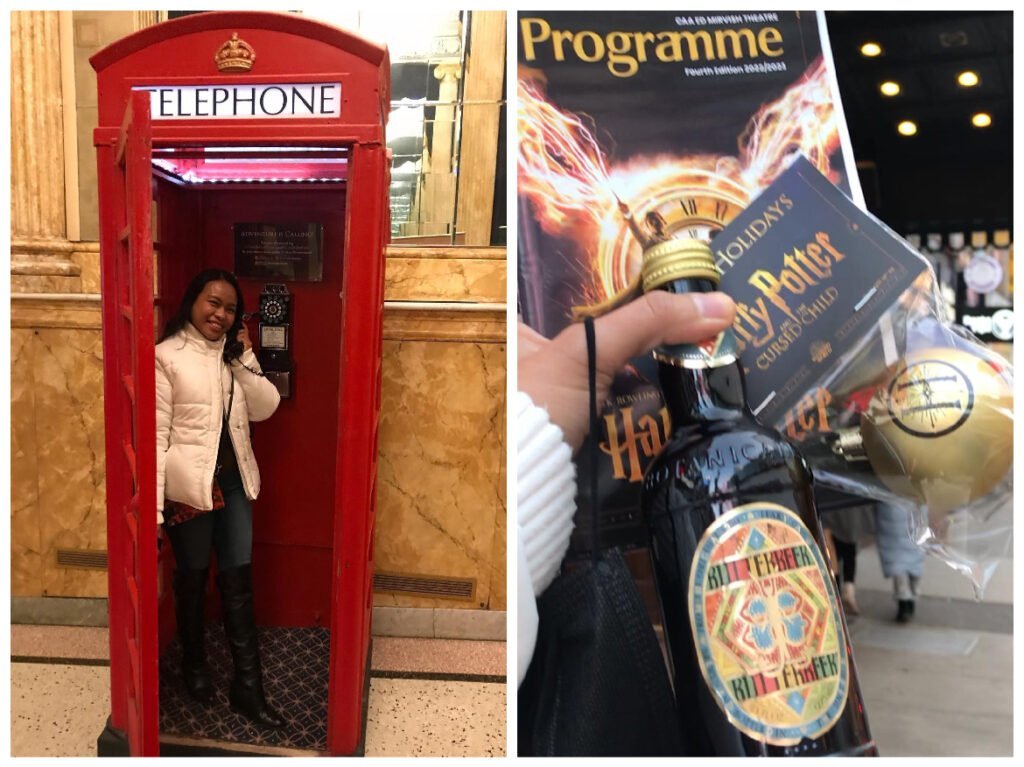 Girl in London red telephone booth and Harry Potter butter beer