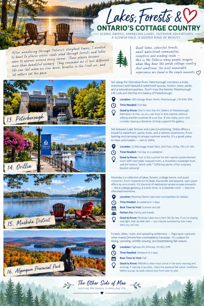 Ontario cottage country travel guide featuring Peterborough, Orillia, Muskoka District, and Algonquin Provincial Park, with scenic lakes, forests, fall colours, waterfronts, and travel tips