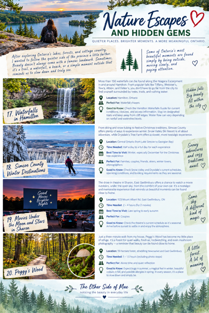 Ontario nature escapes and hidden gems travel guide featuring Hamilton waterfalls, Simcoe County winter destinations, movies under the moon and stars in Sharon, and Peggy’s Wood, with outdoor scenery and travel tips
