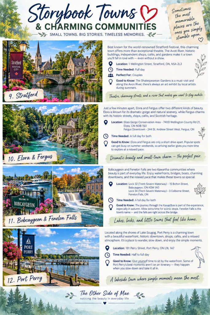 Ontario storybook towns and charming communities travel guide featuring Stratford, Elora and Fergus, Bobcaygeon and Fenelon Falls, and Port Perry, with scenic waterfronts, historic streets, and travel tips.