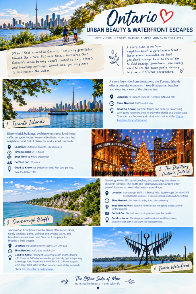 Ontario urban beauty and waterfront escapes travel guide featuring Toronto Islands, The Distillery Historic District, Scarborough Bluffs, and Barrie Waterfront with the Spirit Catcher.